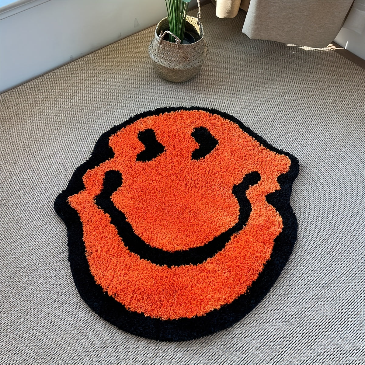 Handmade Plush Mat - Smiling Face Design (Black\u002FBeige) with Plush Pile, Soft Striped Irregular Smiling joyful Face (Smiling Eyes) - Room,, Bedroom, Bathroom - Easy-Clean Rubber Backing, Handmade (Low