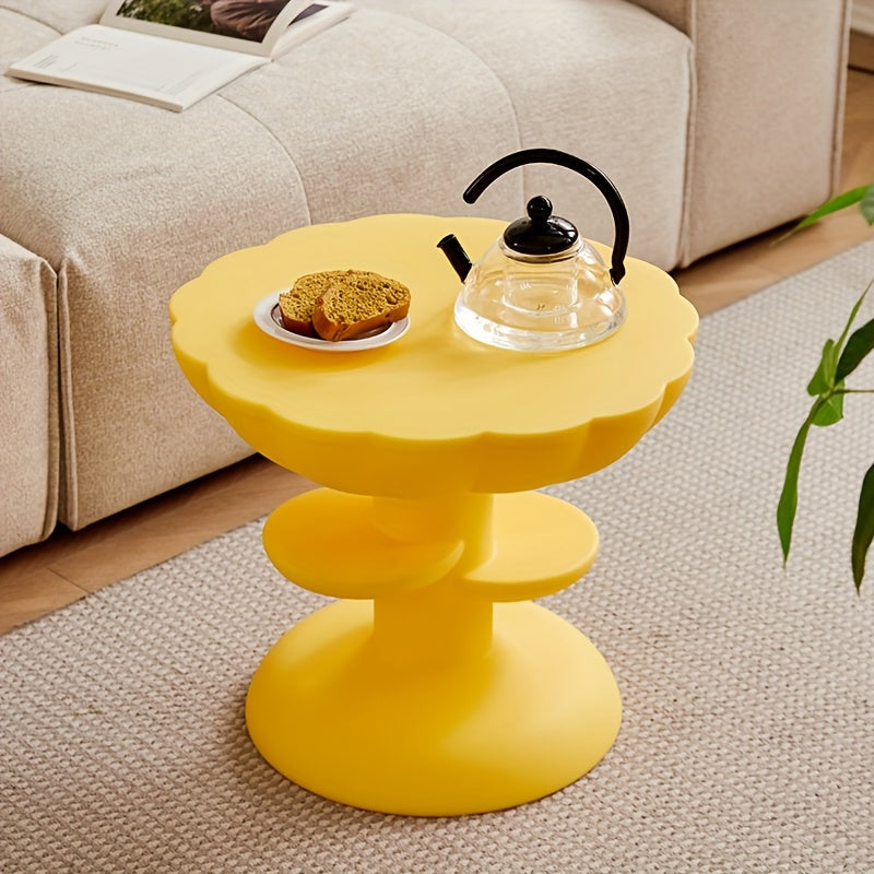 Modern Yellow Plastic Flower-Shaped Coffee Table with Two Tiers - Stylish Home Decor for Small Spaces, Perfect for Organizing Essentials, Small Space Furniture | Contemporary Decor | Lightweight Table, Coffee Table for Living Room