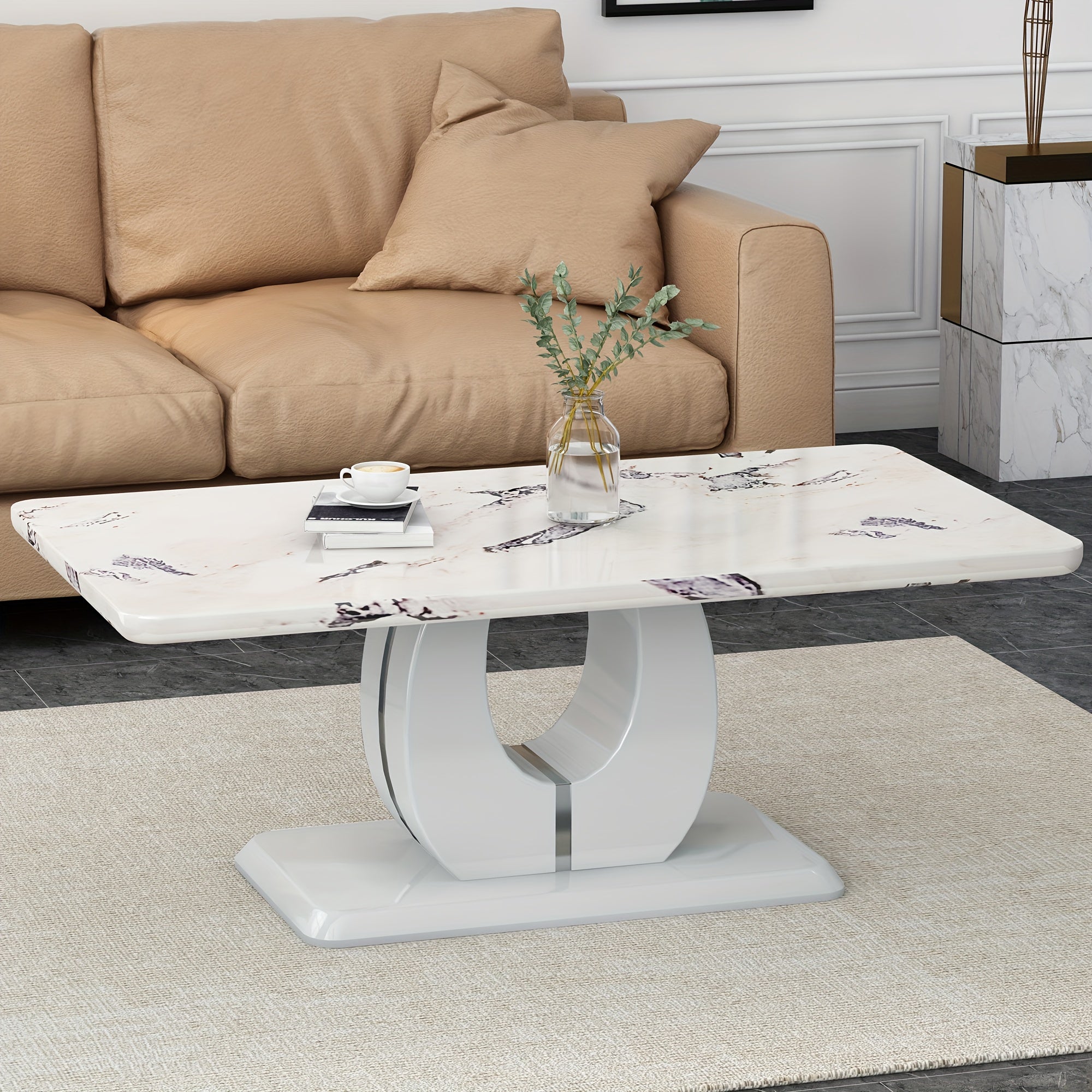 Modern Minimalist Black Faux Marble Pattern Sticker Pattern Rectangular Coffee Table, Large Modern Versatile Coffee Table For Living Room, Rectangular Center Table Tea Table Accent Furniture, Suitable For Multiple Scenarios, Easy To Install (Black)