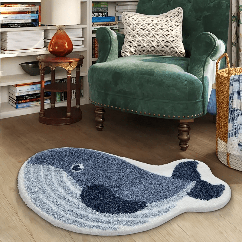 Whale-Shaped Plush Area Mat - Soft, Non-Slip, Washable Polyester Floor Mat with Realistic Whale Design, Ideal for Bedroom, Living Room, and Bathroom Decor, Bathroom Mat|Whale Motif|Machine Washable Mat, Whale Decor