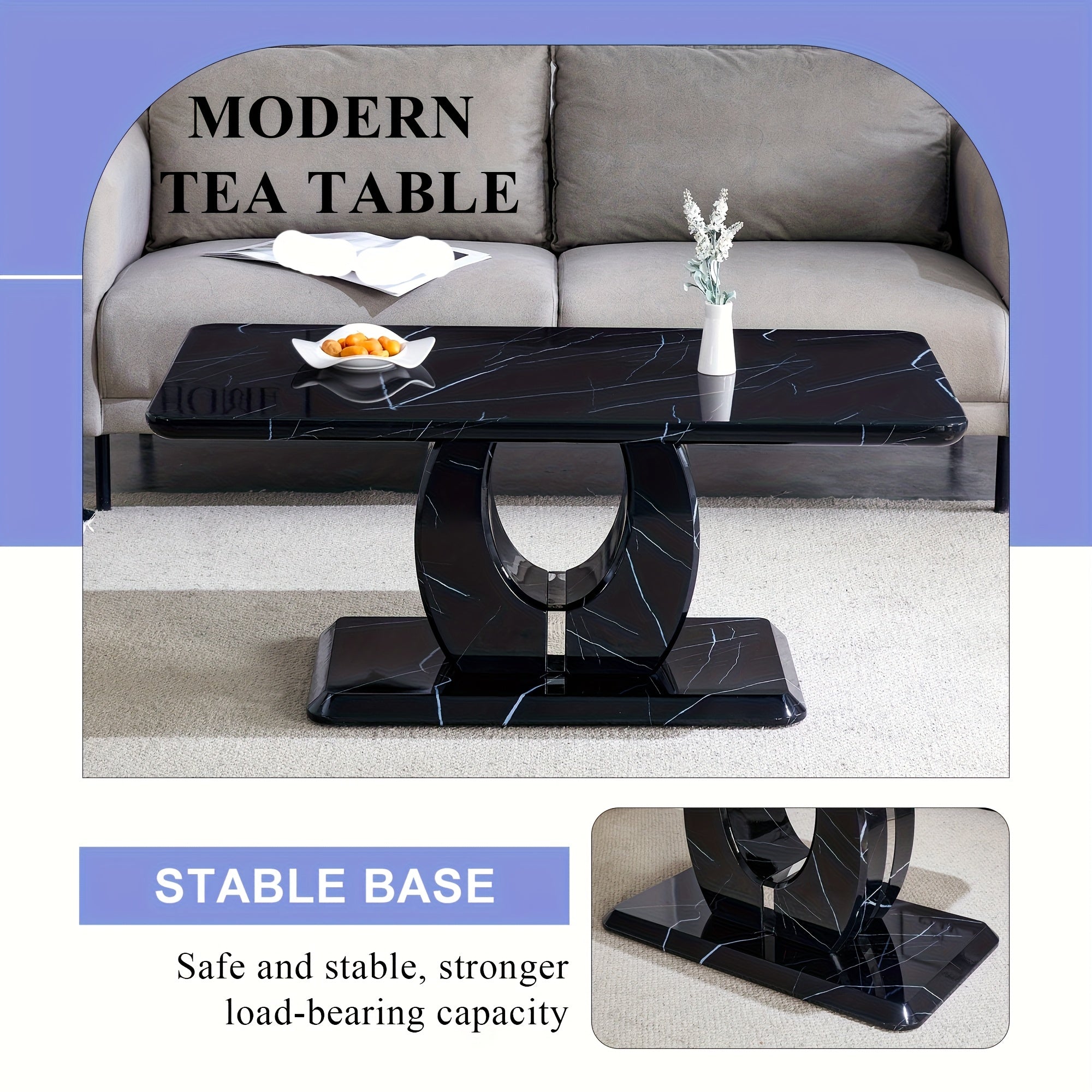 Modern Minimalist Black Faux Marble Pattern Sticker Pattern Rectangular Coffee Table, Large Modern Versatile Coffee Table For Living Room, Rectangular Center Table Tea Table Accent Furniture, Suitable For Multiple Scenarios, Easy To Install (Black)