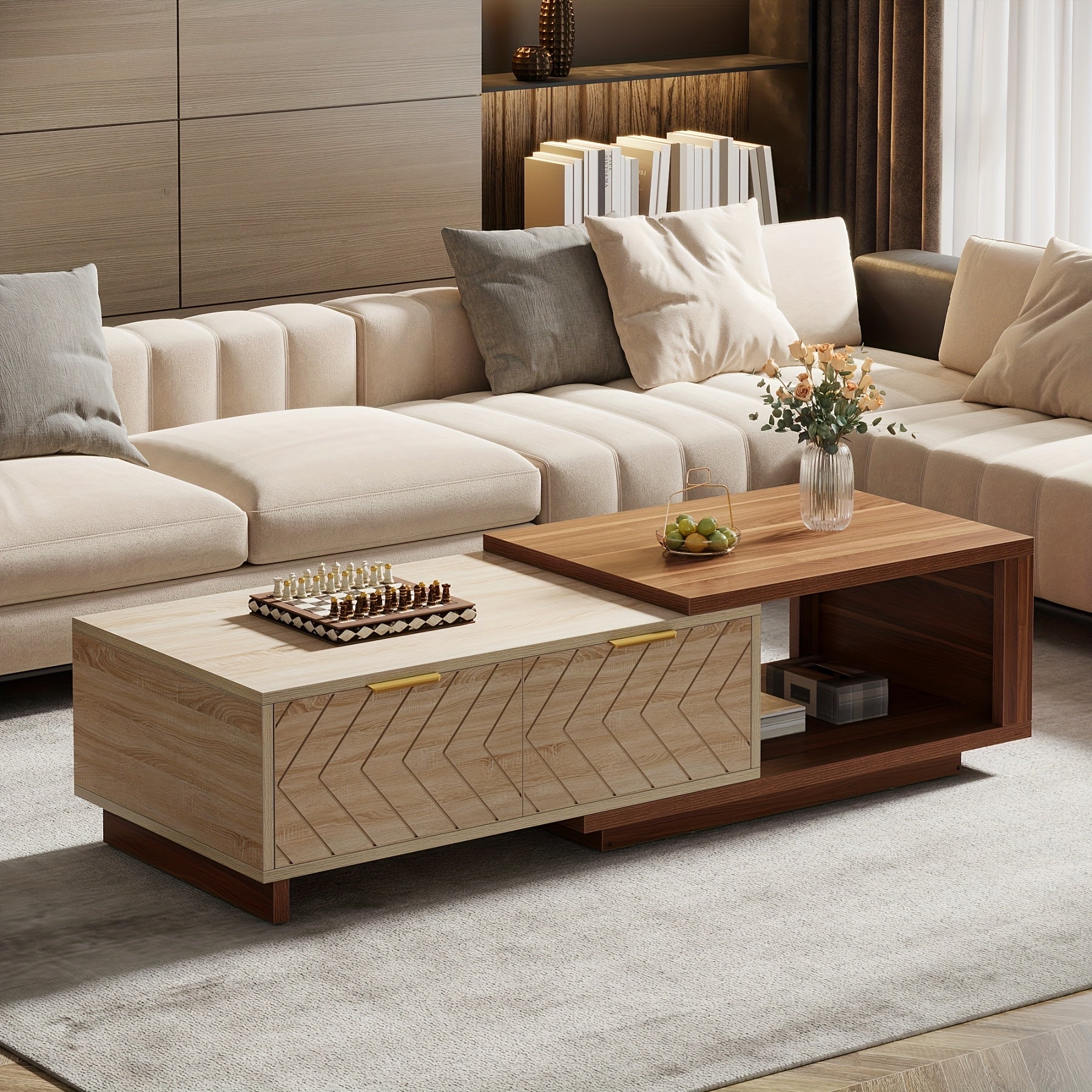 Extendable Coffee Table with Dual-Tone Walnut & Oak - Adjustable Length (42\