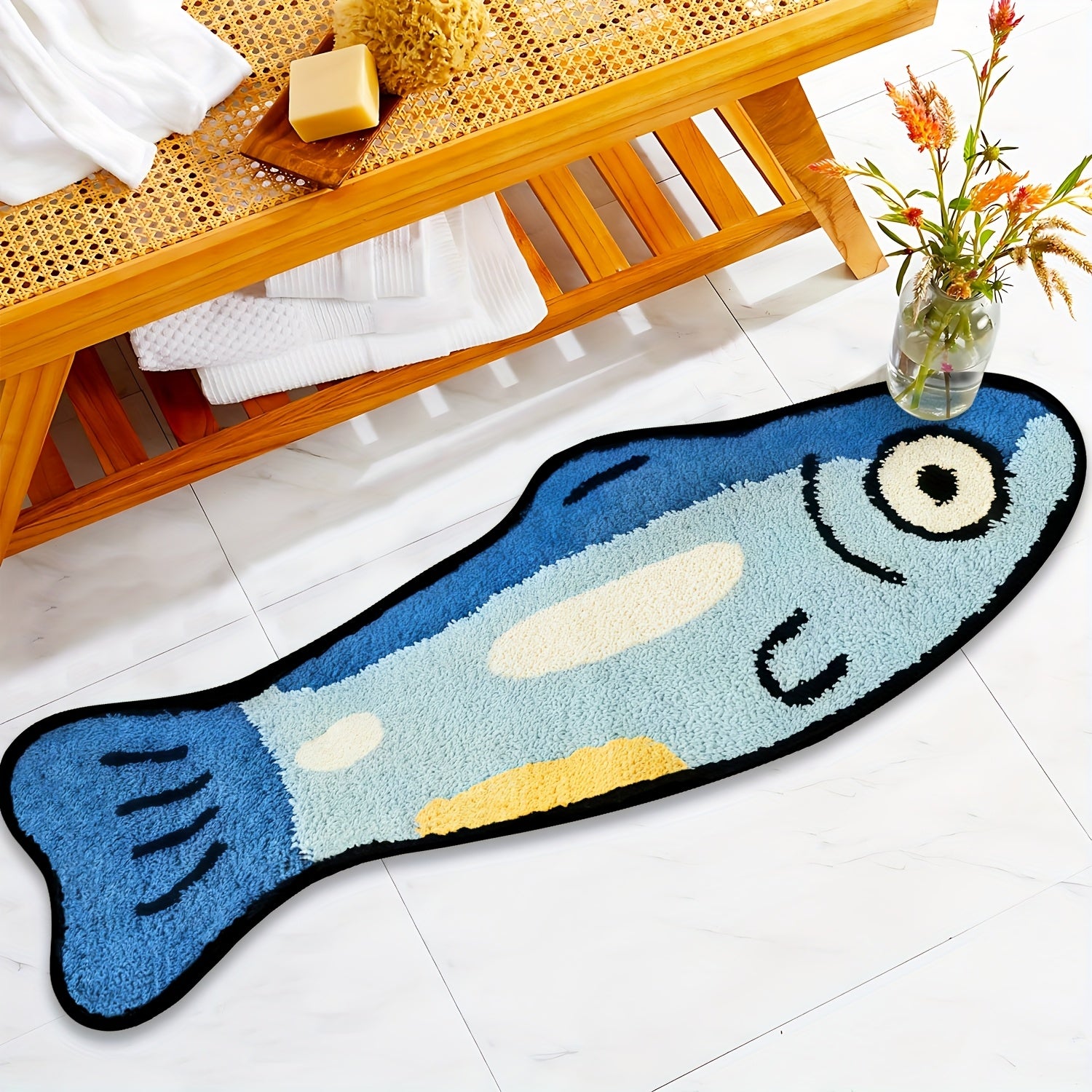Soft Flannel Mat 1 Blue Fish Cartoon Mat, Soft Comfortable Flannel Material | Washable and Machine Washable, Suitable for Home Decor, Room, Bedroom, Entrance, Kitchen, Perfect Holiday Gift for Family and Friends