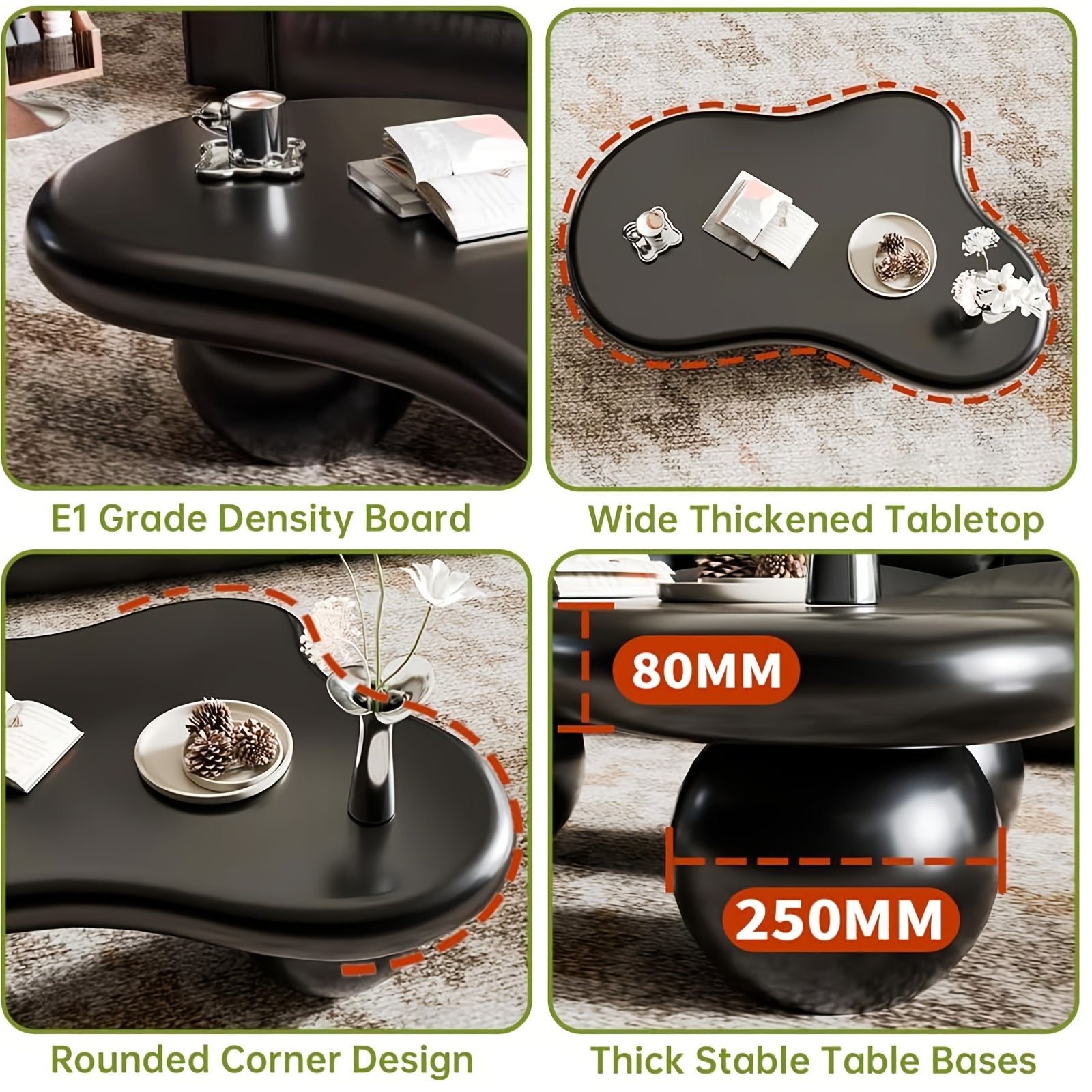 Cloud Coffee Table, Modern Coffee Table For Living Room Apartment, Cartoon Irregular Indoor Tea Table, Cute End Table With Ball 3 Legs, Easy Assemble, Black